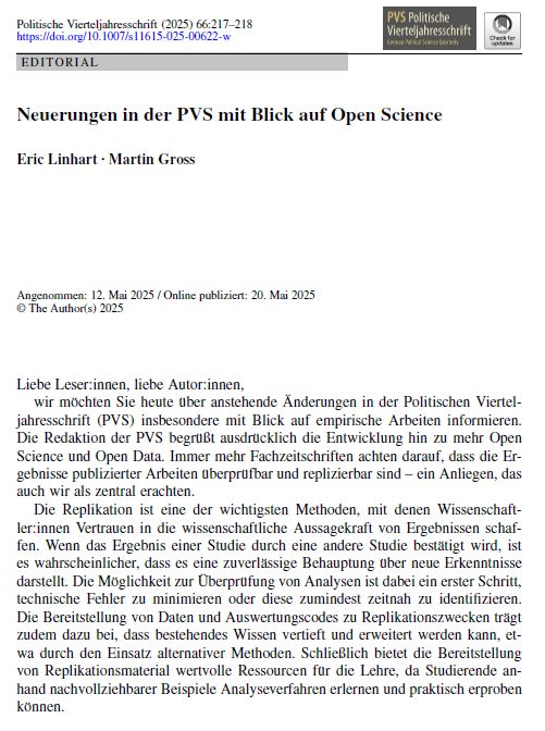 Beginn des Editorials "Neuerungen in der PVS mit Blick auf Open Science" von Eric Linhart und Martin Gross. Veröffentlicht in der Politischen Vierteljahresschrift 66 (2): 217-218.