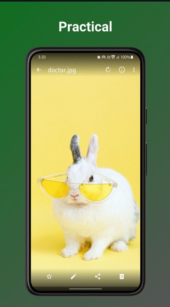 screenshot of a phone displaying an image of a bunny in a yellow room, wearing yellow glasses, titled "doctor.jpg". above the screenshot is the word "Practical"