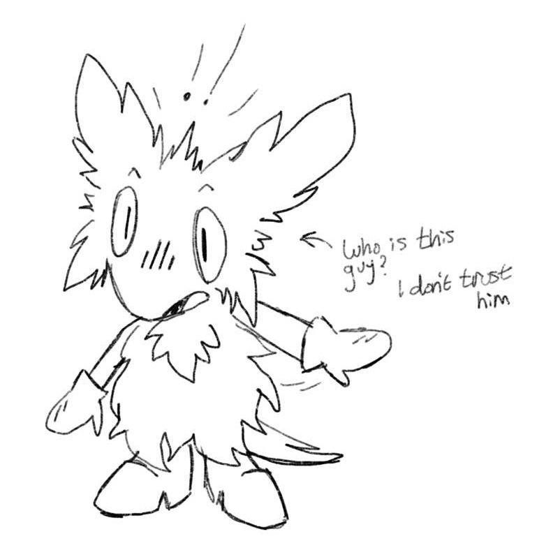 sketch of a furred, two-legged creature wearing boots and gloves, looking alarmed. they have long ears and a dog-like tail. text near them reads "who is this guy? I don't trust him"