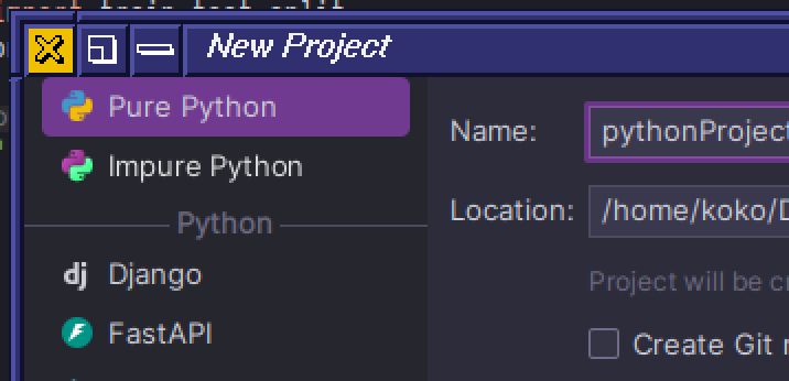 pycharm new project window. two options for the project type are "Pure Python" and "Impure Python" (with a hue shifted icon)