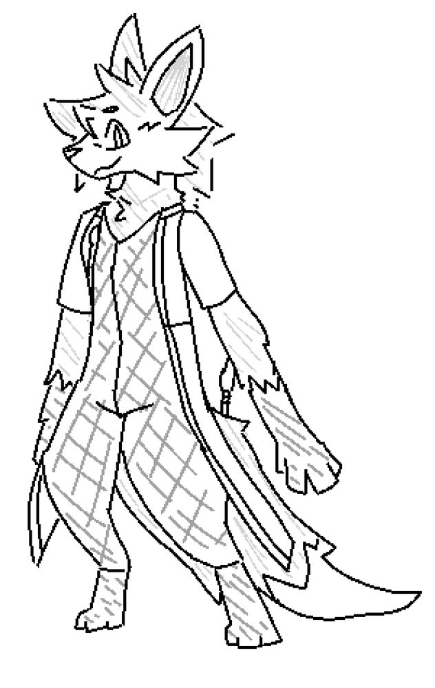 An androgynous fox wearing a jumpsuit and a long flowing coat~ Their tail sticks out of the back of both and carries a little paintbrush<3 They have scruffy head fluff between their big ears and cheek fluffs~