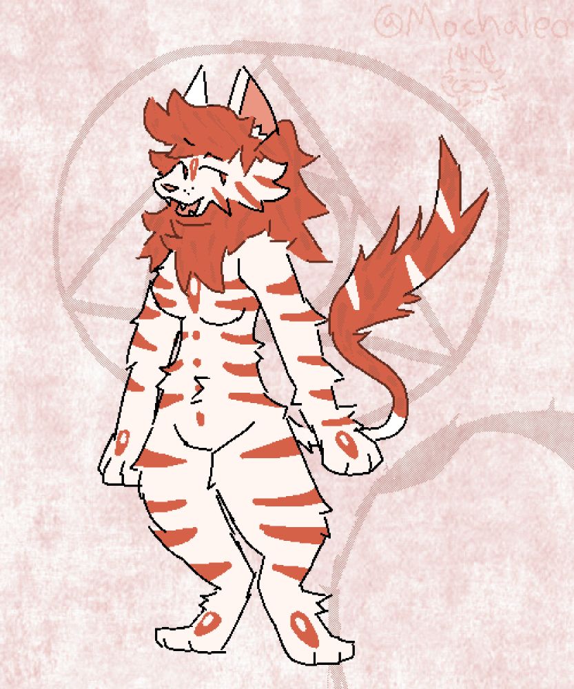 A fluffy lion lady with a relaxed pose~
She has a big puffy red mane, contrasting her soft cream colored fur~
Said fur has bright red stripes and alchemical gold symbols on the breast, paws, and forehead~
Behind her is a rough parchment-like pattern with a crudely drawn Prima Materia drawn~ as well as a coffee stain nyehehe~