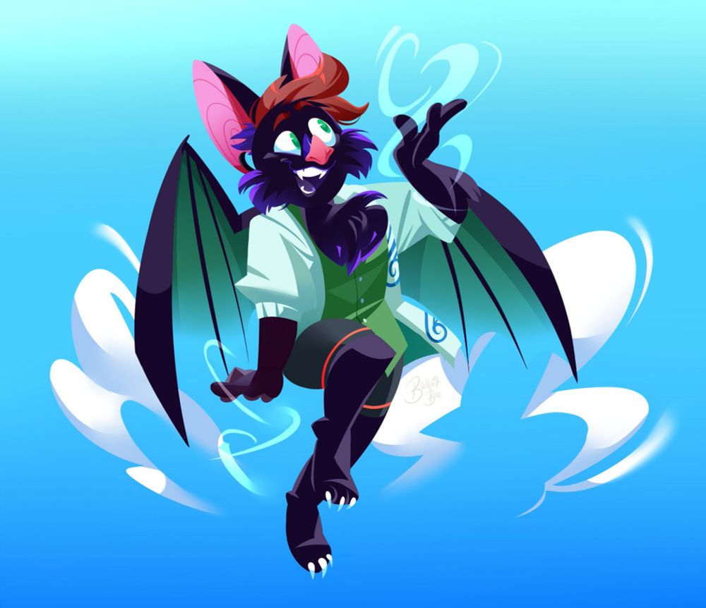 Iskar (Fruit bat/ wind elemental) shown up in the aur among the clouds. His arms and hands displaying some form of wind power, keeping him aloft and forming it in his hands.

The bat being dressed in his usual casual attire of sports shorts, greenish white hoodie, and green buttonup.