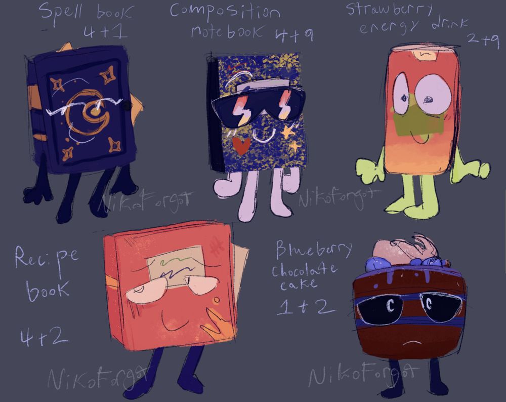 spellbook (one and four
composition notebook (four and nine)
strawberry energy drink (two and nine)
recipe book (four and two)
blueberry chocolate cake (one and two)