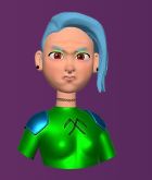A woman with blue hair and a green outfit frowns at the camera. Her logo it two scythes, crossed.