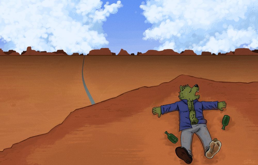 werewolf jones passed out on a cliff overlooking a road ever-reaching into the desert