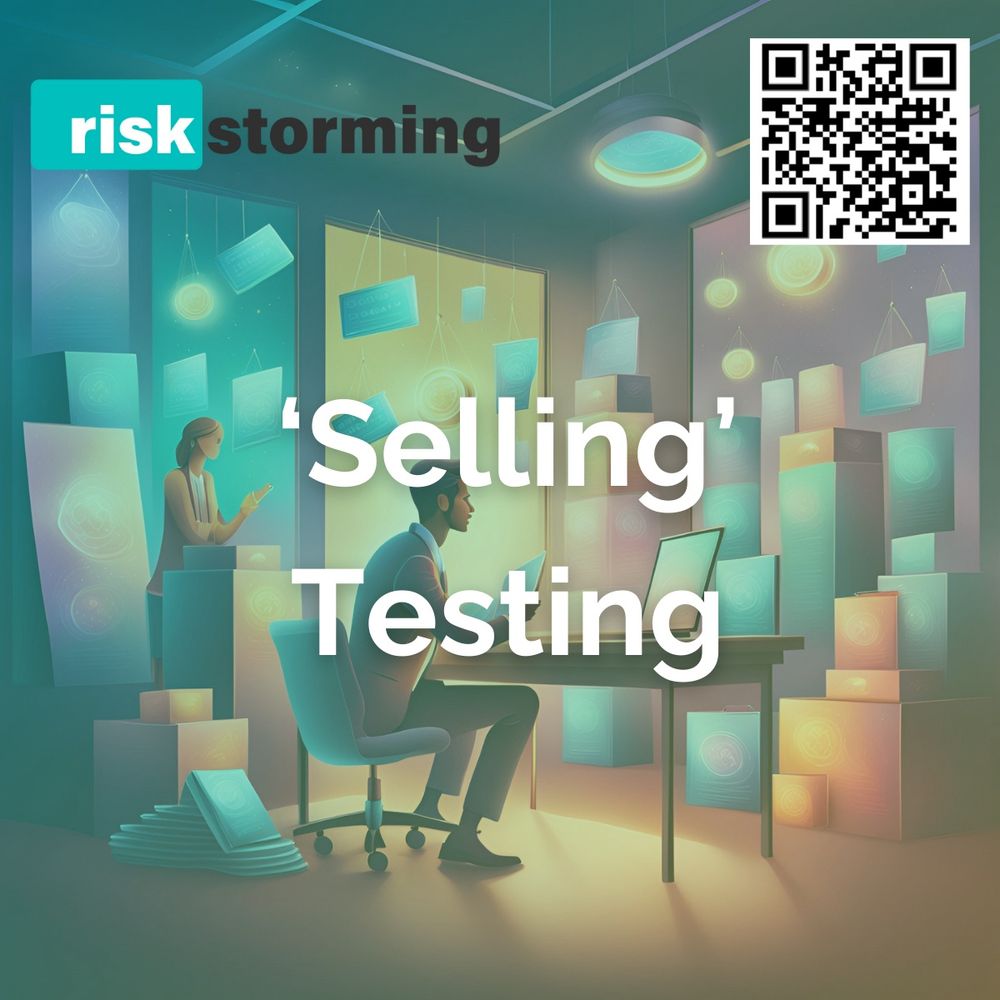Ai generated image of people selling boxes with a QR code going to canva.riskstorming.com and the text "selling testing"