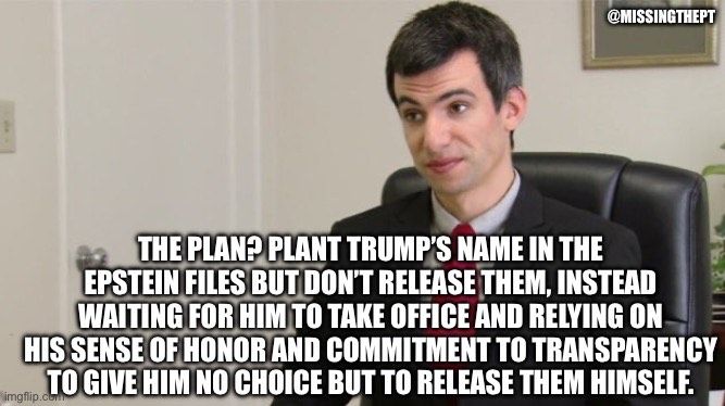 Nathan for You meme: “The plan? Plant Trump’s name in the Epstein files but don’t release them, instead waiting for him to take office and relying on his sense of honor and commitment to transparency to give him no choice but to release them himself.”