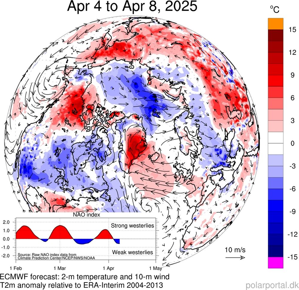 Temperature anomalies from the average 2004-2013 for the period 4-8 April 2025.