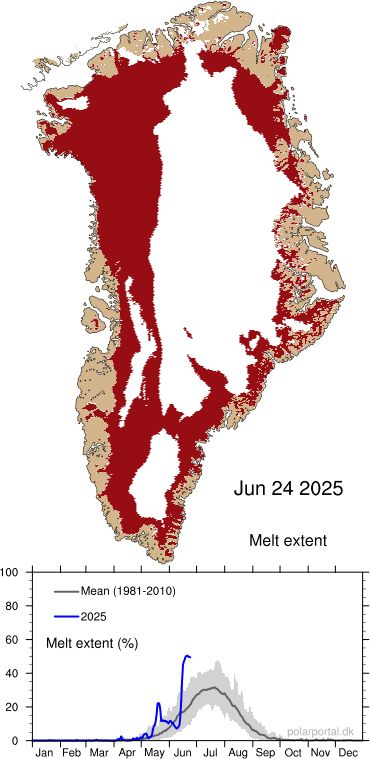 Melt area and percentage of total area in Greenland with melting on 24 June 2025, Polar Portal. There is melting over roughly 50% of the area.