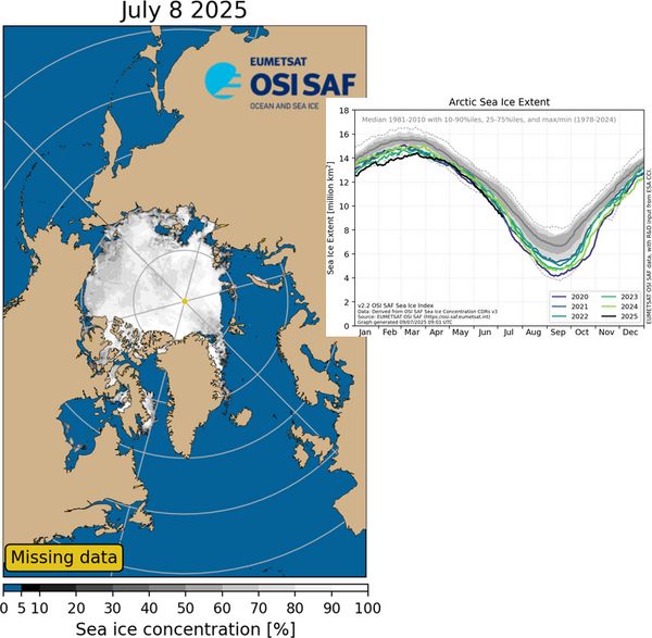 Shown are a map and a graph for sea ice extent on 8 July 2025 in the Arctic.

The map shows the sea ice extent in the Northern Hemisphere. There is only ice in the inner Arctic. 

The graph shows the annual variation in the extent of the sea ice in the Northern Hemisphere. Here, the extent of the sea ice is defined by areas that have an ice concentration of at least 15%, i.e. 15% of the surface is covered by ice. The values for 2025 are very close to or below the minimum ice extent of the last 40 years.

As the access to the SSMIS data from the US Department of Defense satellites will stop on 31 July 2025, we have replaced it with the Japanese AMSR2 data, an example of which is shown here. 
