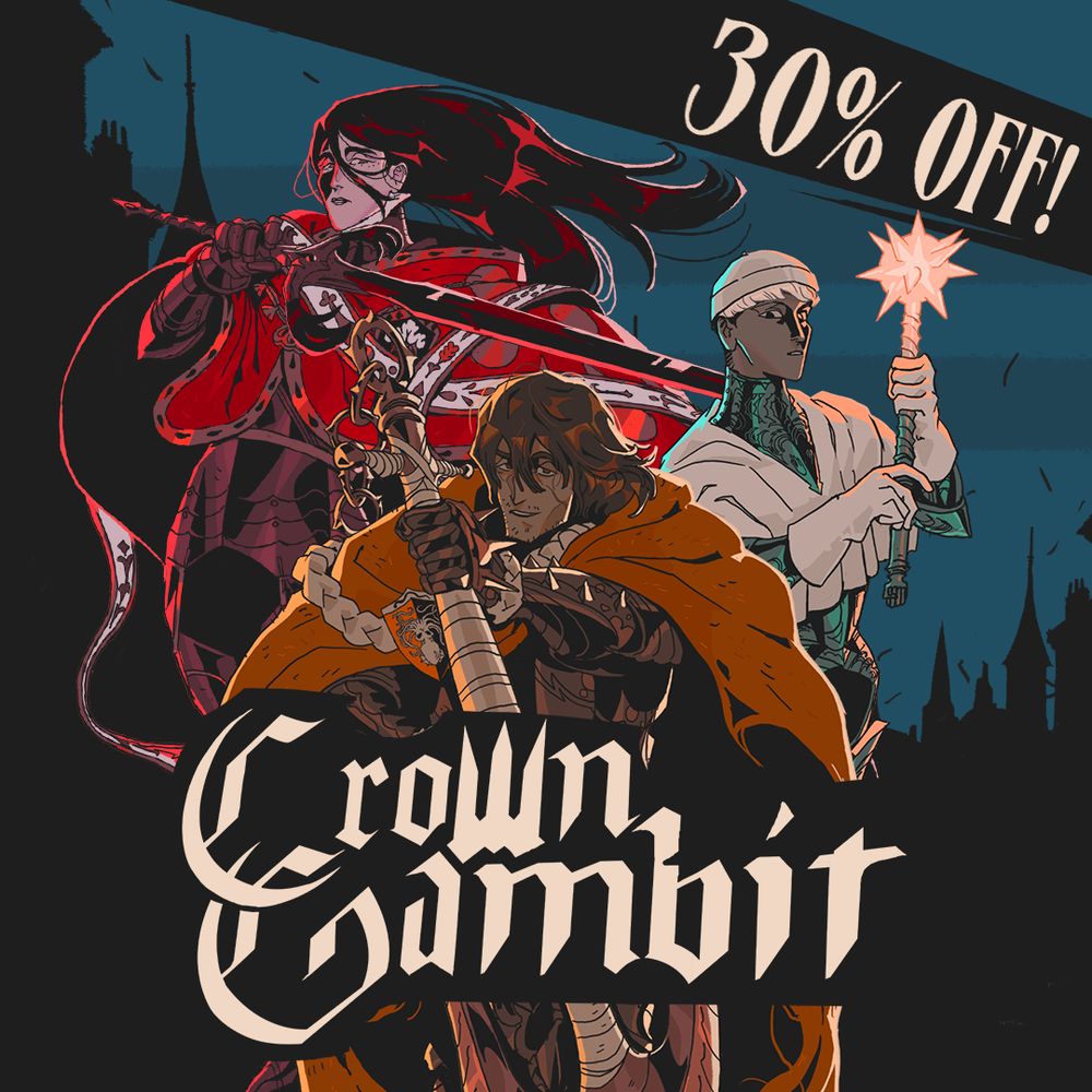 Crown Gambit key art with a mention of a 30% discount on Steam
