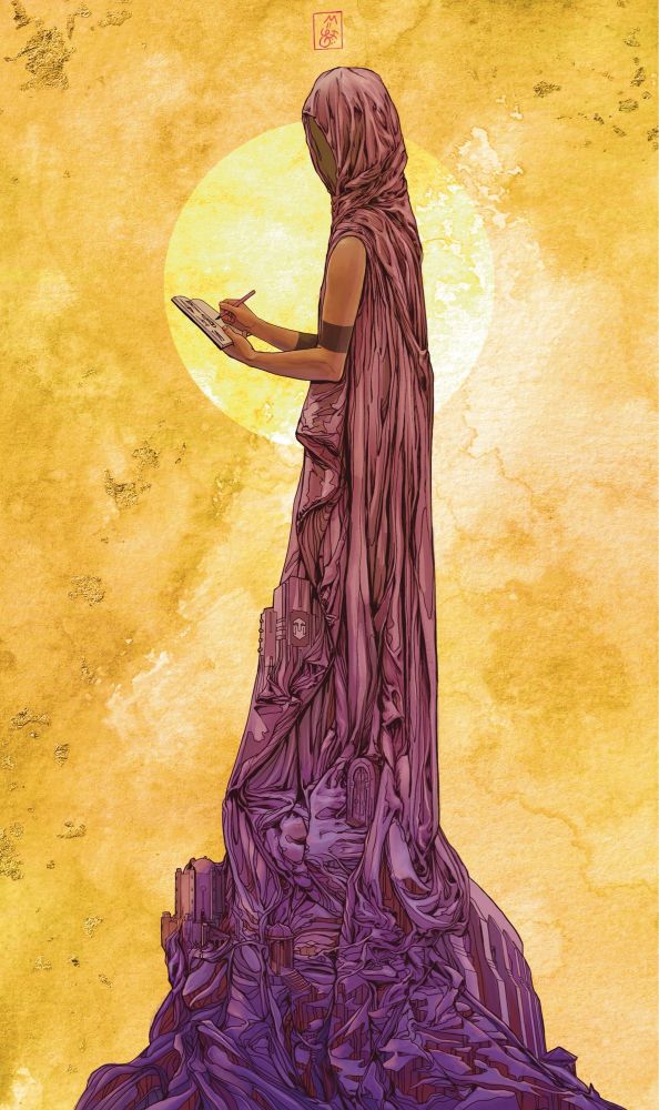 Fan art of Chants of Sennaar, showing the hero writing things down in front of the sun, as if he was the tower himself