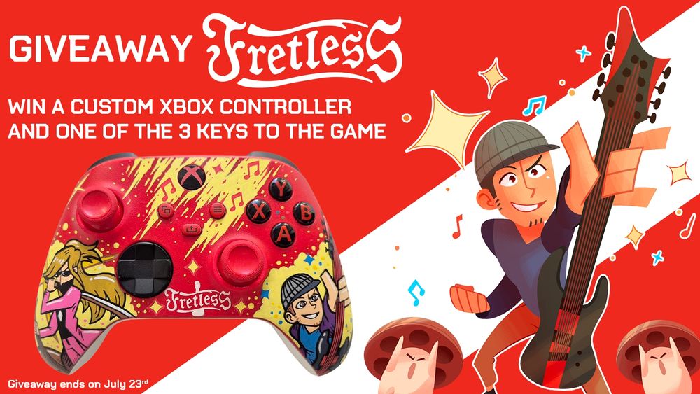 Main art of the Fretless giveaway, showing the custom controller