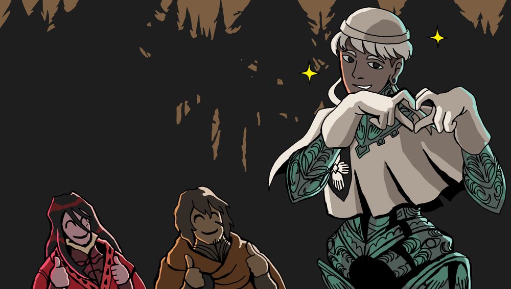 Crown Gambit thumbnail depicting Hael making a heart with his fingers and Aliza and Rollo smiling in the background.