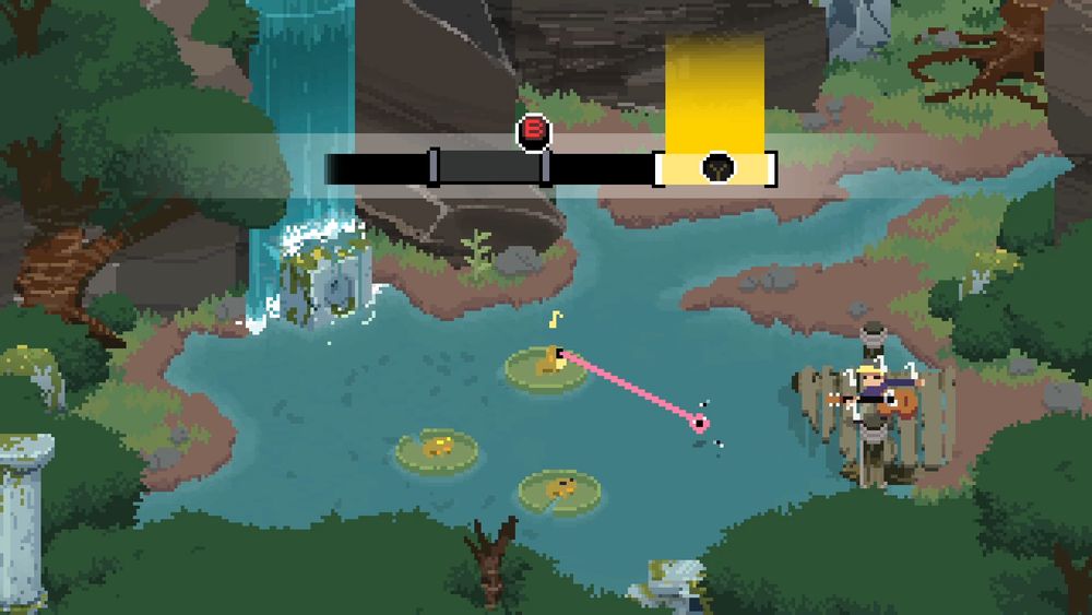 Screenshot of the game Fretless where you play a musical minigame with frogs