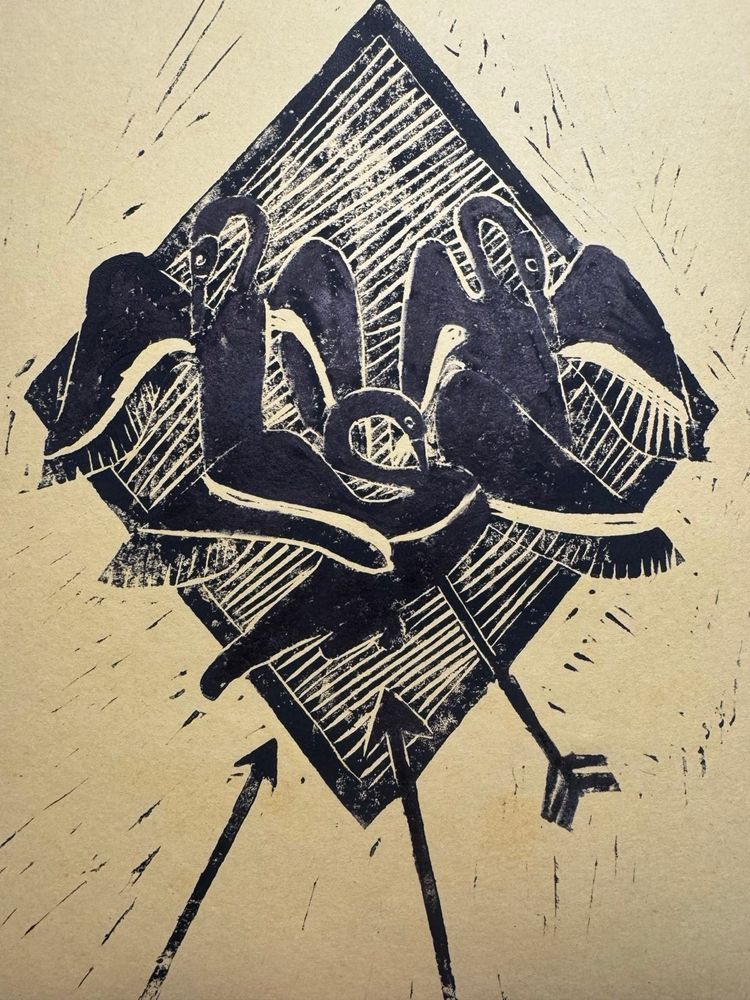 lino print of three stymphalian being shot by arrows