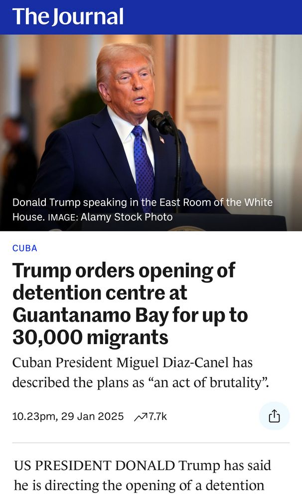 News article from The Journal from Ireland talking about a Trump order to create a detention centre at Guantanamo Bay for 30k migrants