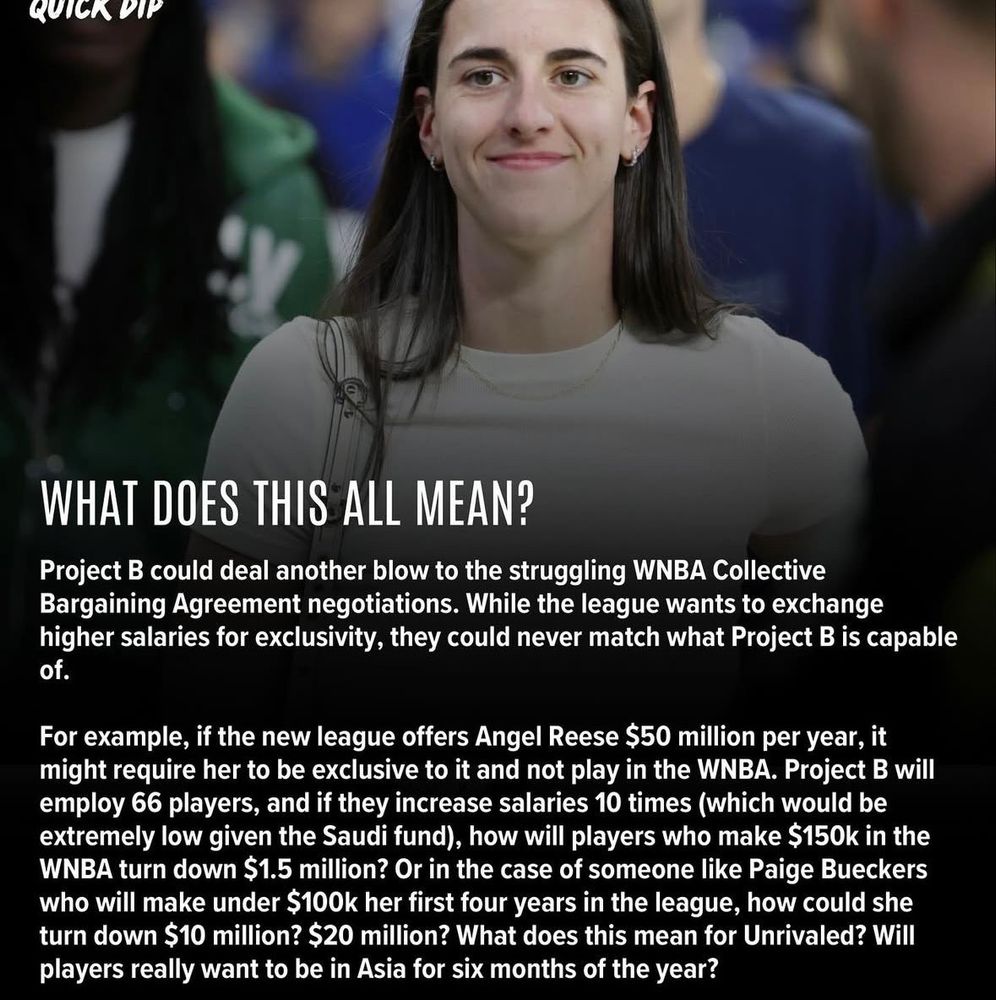 Image shows Caitlin Clark smiling courtside. The text questions how the new league’s massive salary offers—potentially in the tens of millions—could affect WNBA and Unrivaled players like Angel Reese and Bueckers, especially during ongoing WNBA collective bargaining talks.