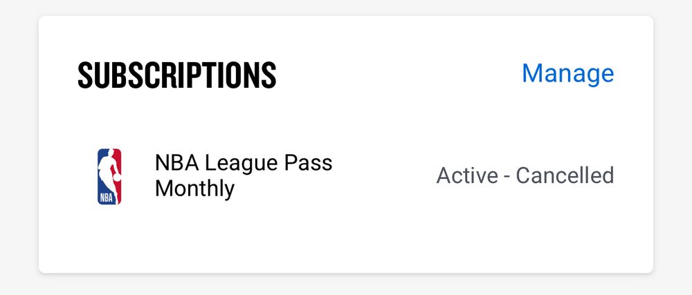 A screenshot of a subscriptions page showing an NBA League Pass Monthly plan. The NBA logo appears next to the plan name. To the right, the status reads “Active – Cancelled,” and a blue “Manage” link appears in the upper-right corner.