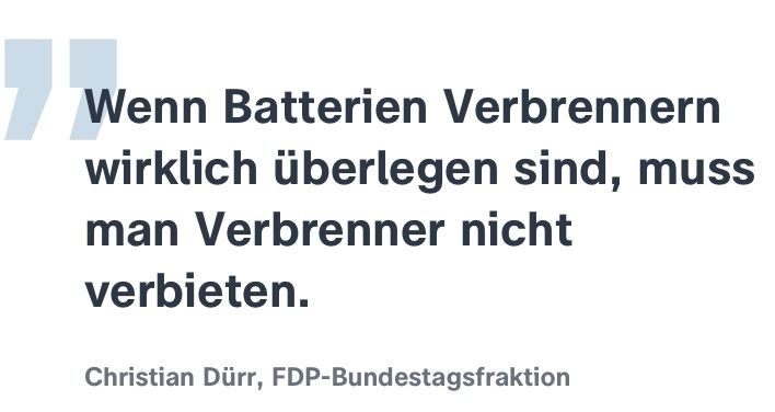 Wenn Batterien Verbrennern wirklich überlegen sind, muss man Verbrenner nicht verbieten.
Christian Dürr, FDP-Bundestagsfraktion