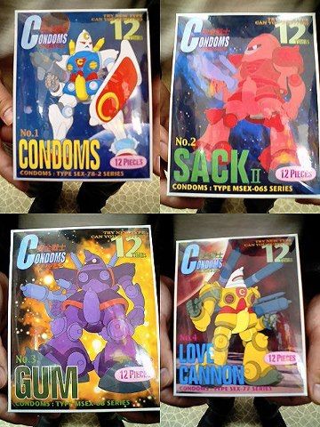 Four photos of condoms. Specifically, they are the mecha of mobilesuit Gundam: The Gundam (Condom), Zaku II (Sack), Dom (Gum) and Guncannon (Love Cannon). They are rounded and smooth, made up of condom like shapes, and drawn in a cartoon style.