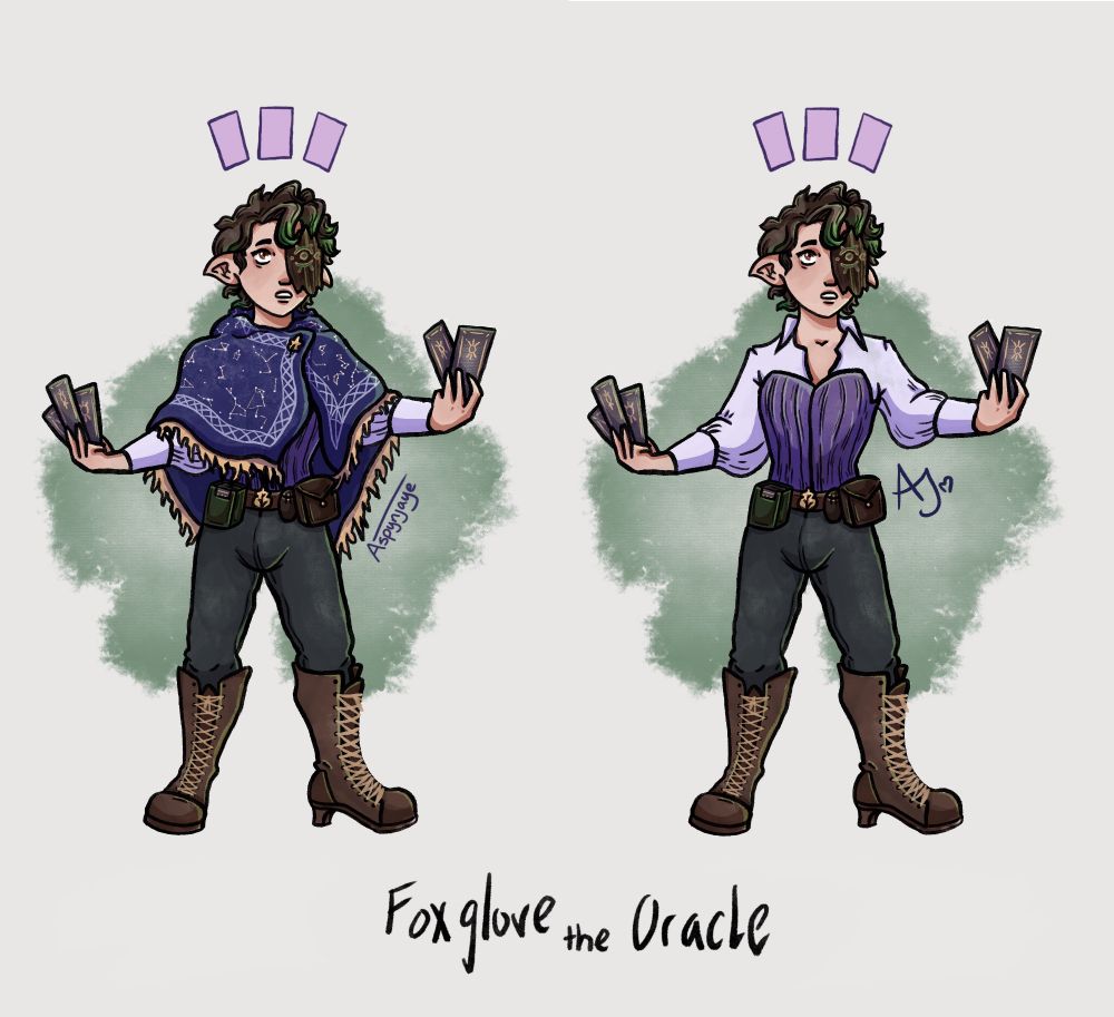 Two side by side illustrations of "Foxglove the Oracle" showing them holding out two handfuls of cards. They have short brown wavy hair with green tips, a half mask made of bark, dark trousers and tall brown boots. The illustrations are the same, except the one on the left shows them wearing a purple constellation poncho cloak and the one on the right shows them wearing a pale purple shirt and dark purple overbust corset. Three purple spectral cards float above their head.