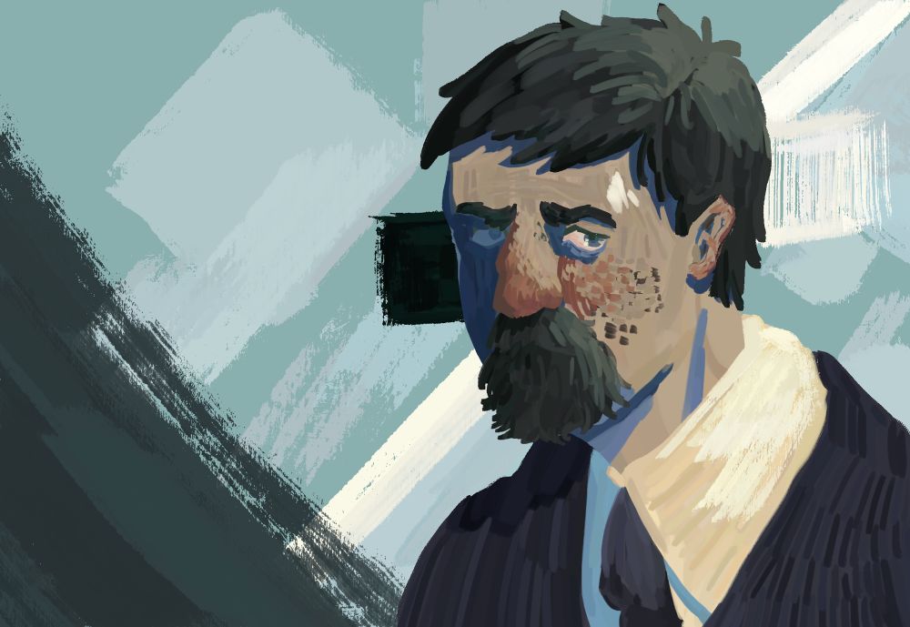 A portrait painting of Jean Vicquemare. In the background there are painted green squares. There’s a black square directly near Jean’s face, behind it.