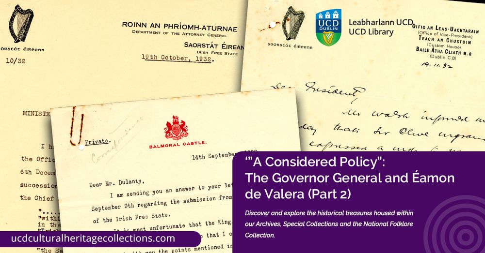 A group of yellow typed and handwritten papers, letters and memoranda concerning Éamon de Valera and the role of governor-general in the Irish Free State.