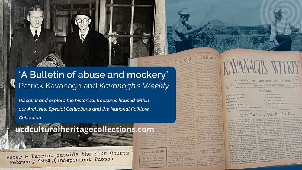 Composite of photos - black and white shot of brothers Peter and Patrick Kavanagh outside the Four Courts, Dublin. Black and white photo of the brothers threshing hay, and an open book 'Kavanagh's Weekly'.