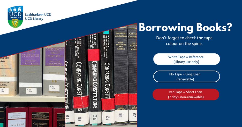 Books on shelves in the UCD James Joyce Library, showing coloured tape on the book spines.