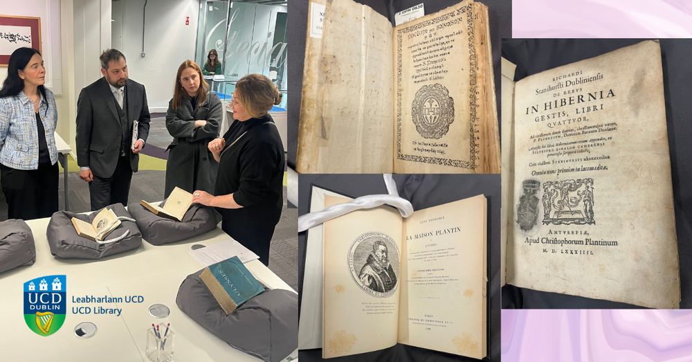 University Librarian Dr Sandra Collins, David Van Lierde, Second Secretary & Consul of the Belgian Embassy in Ireland, Belgian delegate, and Interim Head of UCD Special Collections Lorraine McLoughlin with books in UCD Special Collections Reading Room.