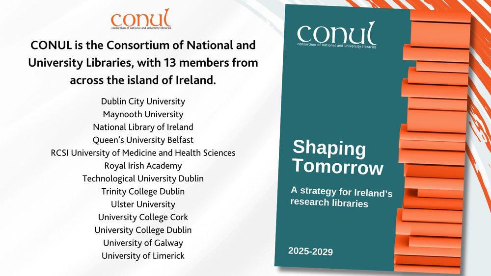 The new CONUL Strategy document in green with an orange stack of books on the right side of the cover. The orange CONUL logo is also displayed.