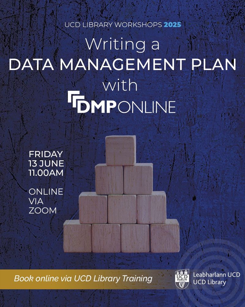 Dark blue graphic showing a stack of wooden blocks and the text 'writing a data management plan' with DMP online.