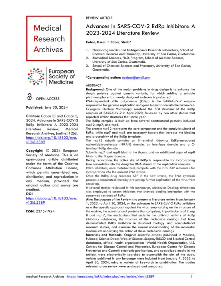 (PDF) Advances In SARS-COV-2 RdRp Inhibitors: A 2023-2024 Literature Review