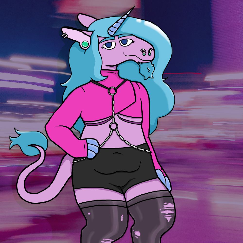 A fully rendered drawing of Julian, my unicorn character. Ey are standing with a hand on eir hip in front of a blurry city background tinted purple. He is wearing a bright pink long sleeve crop top, black shorts and ripped black stockings. A chain harness is draped over his chest and torso.