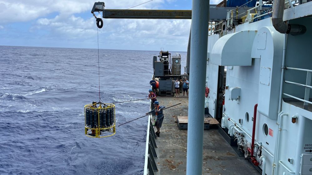 Several researchers aboard the Research Vessel Thomas G. Thompson use long poles to help guide a CTD rosette, a large instrument package, to the deck as it hangs from an overhead boom.  Photo from GO-BGC expedition blog 