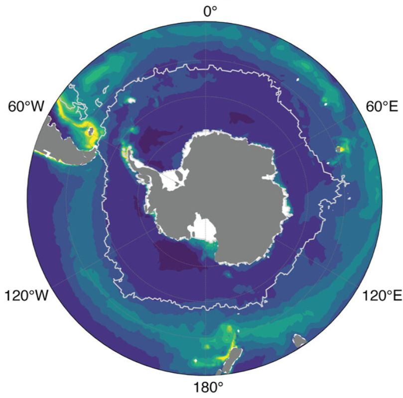 Fig 1c from Nissen et al 2025, published in Global Biogeochemical Cycles. Map of annual mean surface chlorophyll concentrations in the Southern Ocean in the top 10m of the water column, HIGH RES, full field, averaged over 1997-2018