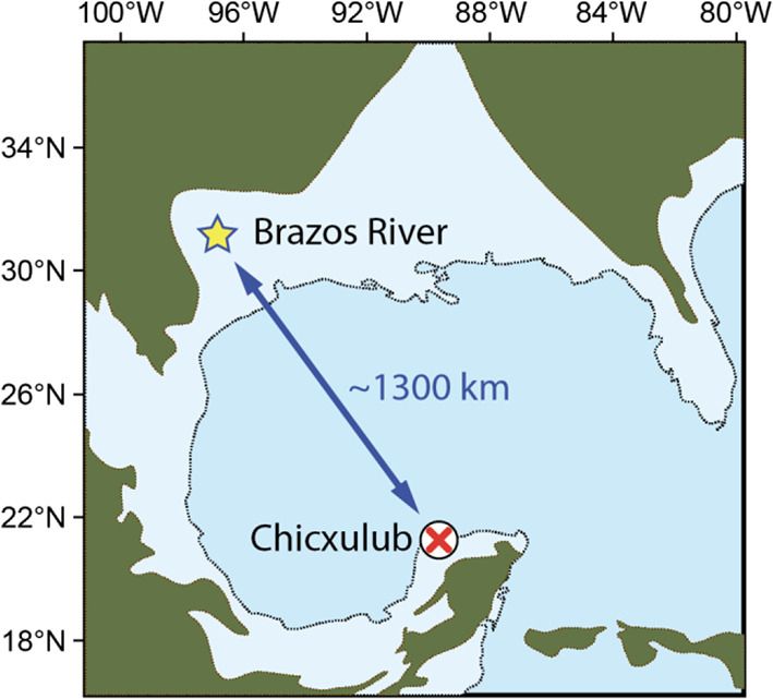Map of the location of the Brazos River K/Pg sections in Texas and the Chicxulub impact site on a modern map of the Gulf of Mexico with approximate Late Cretaceous land-sea distribution shown. See paper for the full caption https://doi.org/10.1016/j.gloplacha.2025.104924