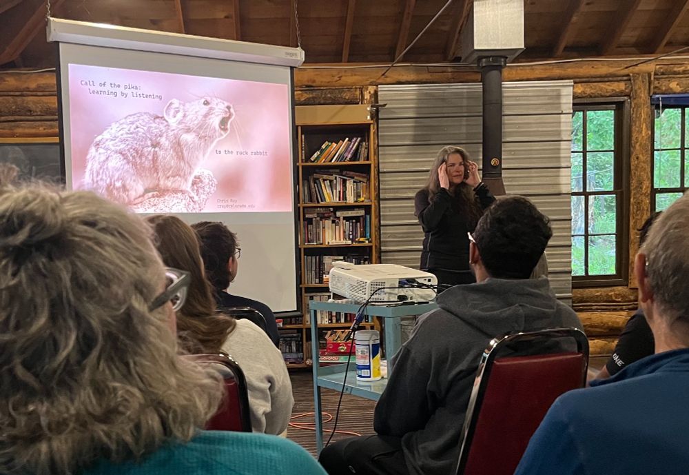 Chris Ray stands in front of an audience giving her talk and slideshow on pika vocalizations in an old wooden cabin at the Mountain Research Station, July 2025.