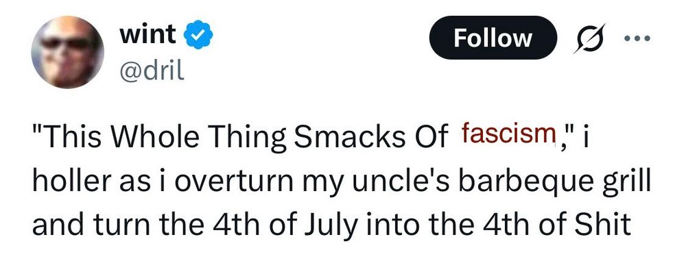 Edited screenshot of a Dril tweet that reads "This Whole Thing Smacks Of [fascism]," i holler as i overturn my uncle's barbeque grill and turn the 4th of July into the 4th of Shit”