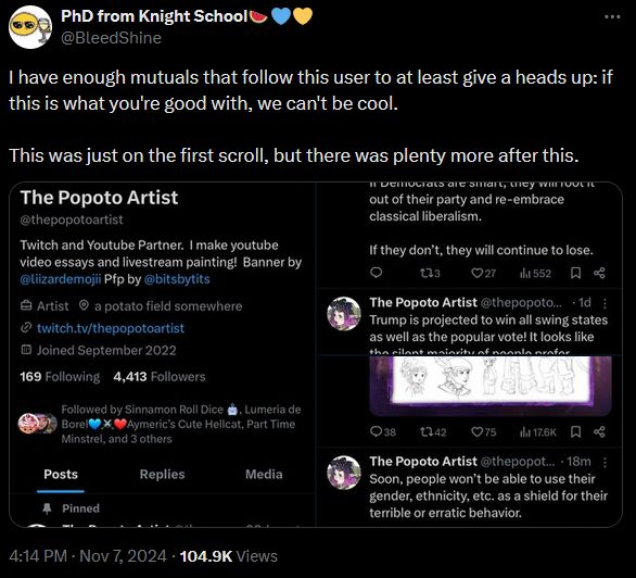 Tweet from @BleedShine with screenshots, reading: I have enough mutuals that follow this user to at least give a heads up: if this is what you're good with, we can't be cool. 

This was just on the first scroll, but there was plenty more after this. 