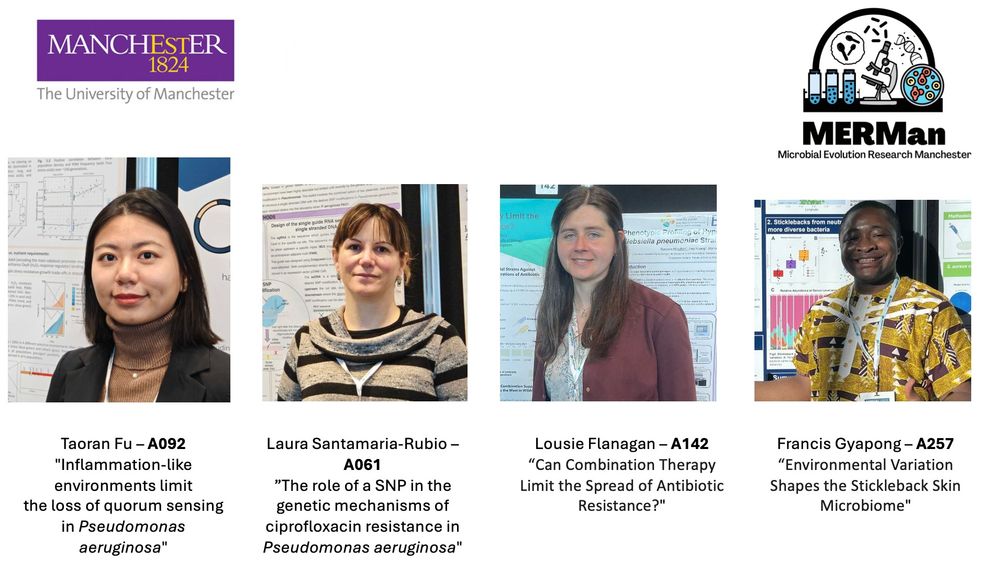 An image of University of Manchester scientists with details of their poster numbers and titles on display at the Microbiology annual conference.