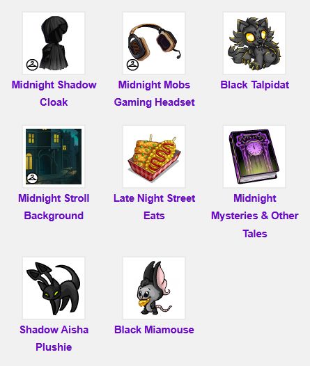 Trudy's Suprise latest prize pool:
Midnight Shadow Cloak, Midnight Mobs Gaming Headset, Black Talpidat, Midnight Stroll Background, Late Night Street Eats, Midnight Mysteries & Other Tales, Shadow Aisha Plushie, and Black Miamouse.

All items will be added into the total prize pool, as it is still possible to win items from older prize collections.