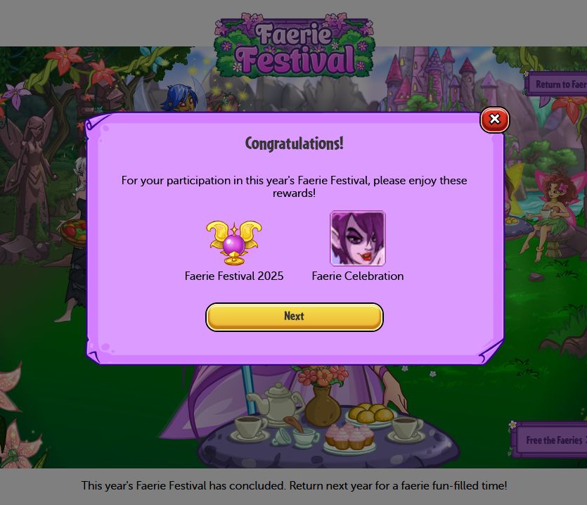 The Faerie Festival is now over, and you can get an avatar for visiting the festival page!

Screenshot of festival page popup:
For your participation in this year's Faerie Festival, please enjoy these rewards!
Faerie Festival 2025 Trophy and Faerie Celebration avatar.
