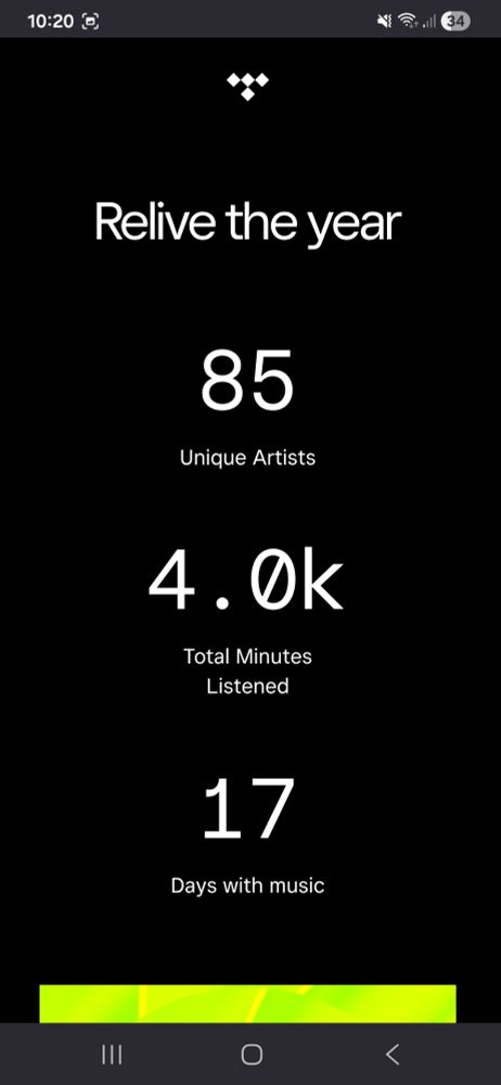 Recap do tidal onde aparece o logo da empresa em cima. Abaixo  se lê "Relive the year" 85 unique artistes 4k minutes 17 days with music