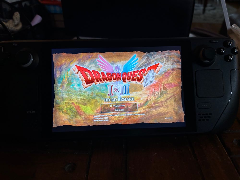 Photo of the title screen for dragon quest I+II hd-2d remake on my Steam deck 