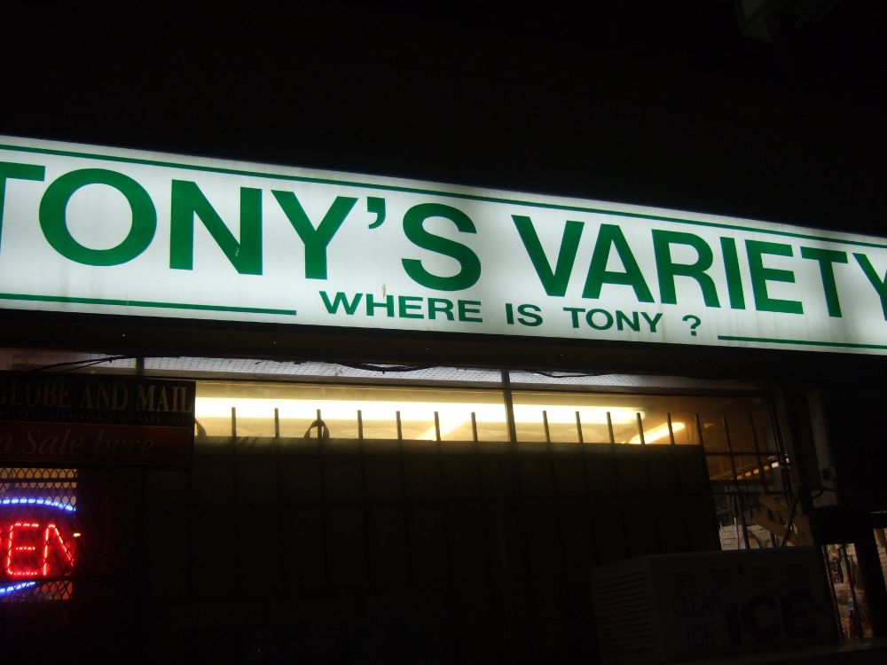 in large letters: Tony's variety. In small letters Where is tony?