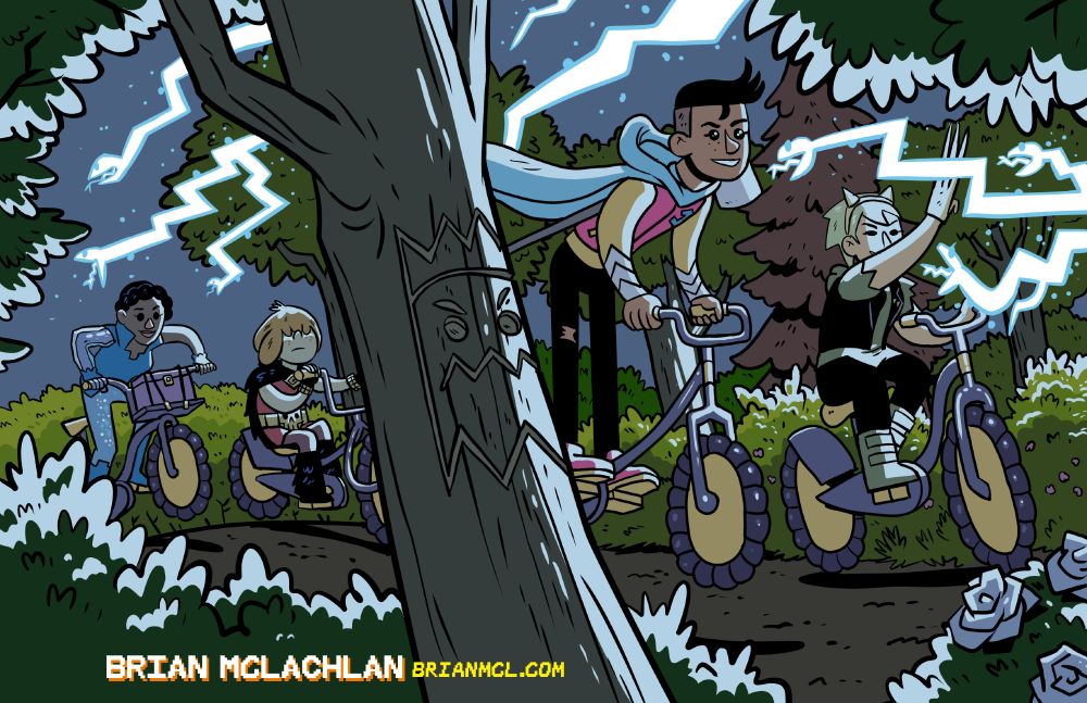 In a cartoon style, 4 young teens ride slightly unusual bikes through a forest towards horizontal streaks of lightning that become snake heads on their ends. The kids are happy or calm about the electric phenomenon. One girl is black with a crystal arm, high collar and sparkly pants, dressed in blues. A boy with a mop top of orange hair has red clothes with black furry boots and cloak, with a golden wrestling belt with a skull design, and wears fingerless gloves. There's a non binary brown kid with a pink and ochre letterman jacket with a 1 on it, matching sneakers, black tight jeans with a rip in it and a light blue hooded cloak. There's an Asian girl with short, spiky green hair and horned headband, ripped green hoodie with black bolero jean jacket and tights, chunky green boots, and a claw weapon on one hand she uses to ward away the snakes, with a smile. In the foreground is a tree carved with a ghost wearing a crown.