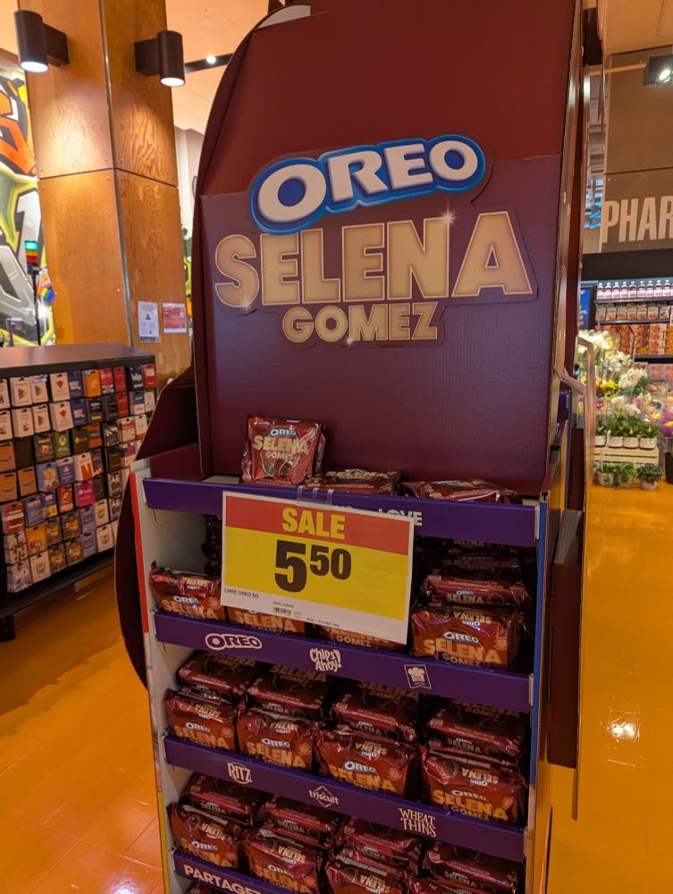 A very large display that reads Oreo Selena Gomez